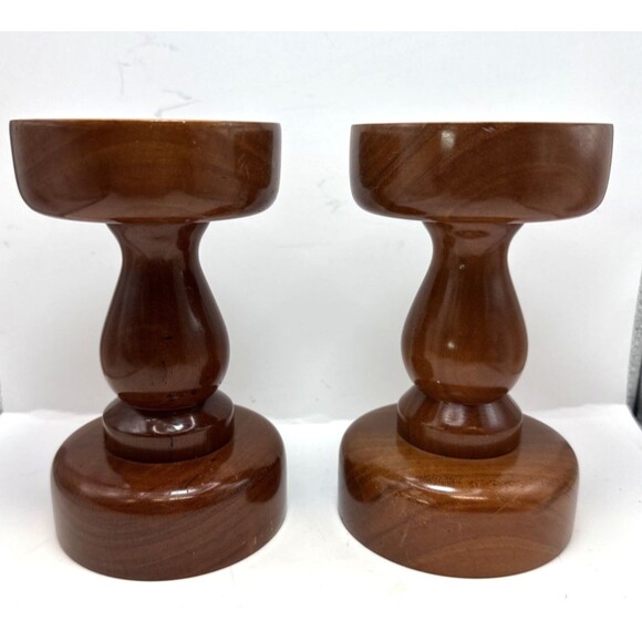 Unbranded Other - Pair Heavy VTG MCM Hardwood Pillar Candlesticks Hand Turned Signed 6.5 Inches
